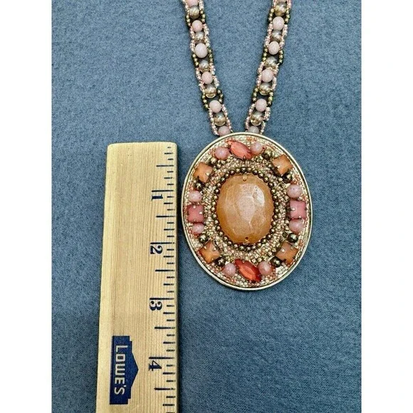 Vintage Chicos Statement Necklace Large Pink Peach Rhinestone Pendant Beaded - Picture 8 of 9
